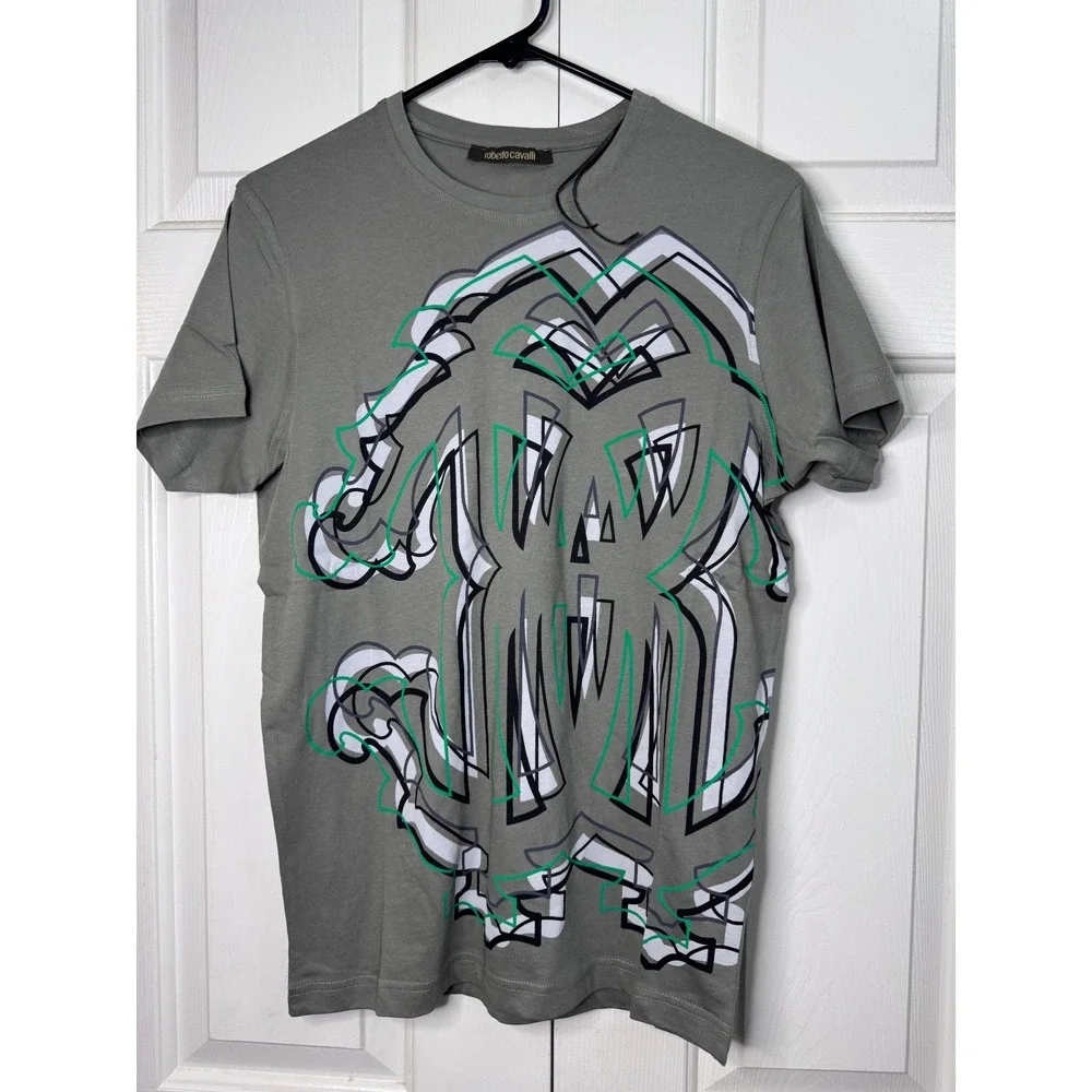 NWOT Roberto Cavalli Mens T Shirt Size S‎ Green Graphic Logo Tee Designer Top